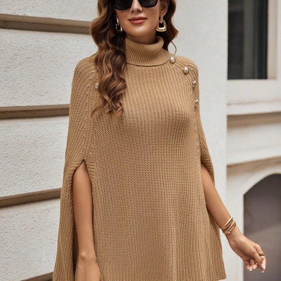PASSION Turtleneck Button Detail Cloak Sleeve Knit Poncho - Picture 6 of 10